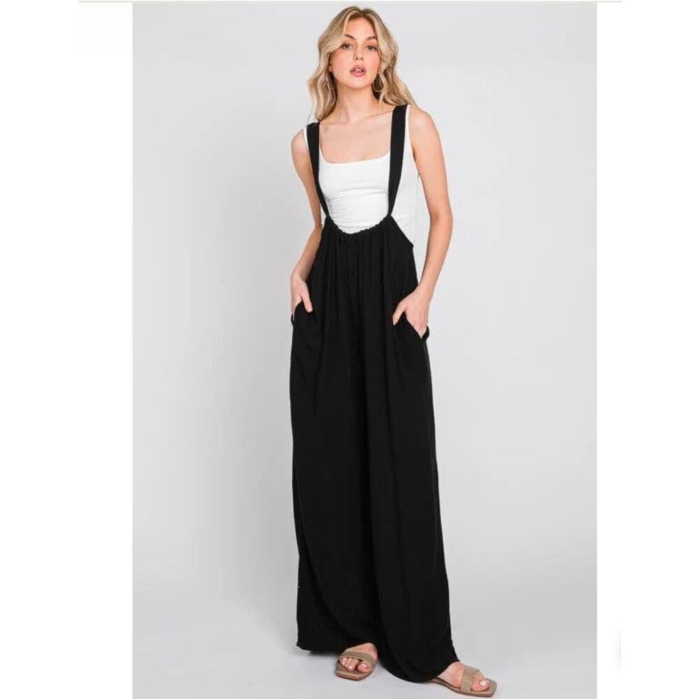 Final Touch Washed Woven Solid Suspender Style Jumpsuit Small